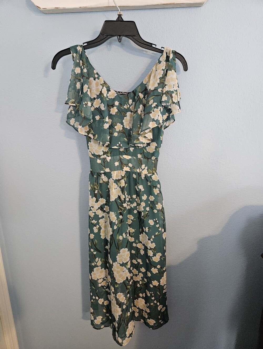 Voodoo Vixen Green Floral Ruffle Midi Dress with Cream Blooms
